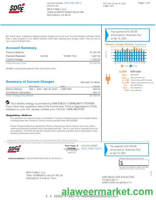 USA SDGE utility bill Word and PDF template